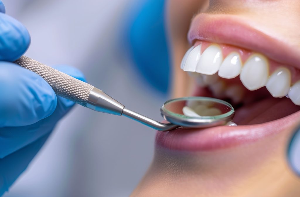 A close-up of a dental hygienist holding a dental mirror and tool while examining a patient's clean white teeth.